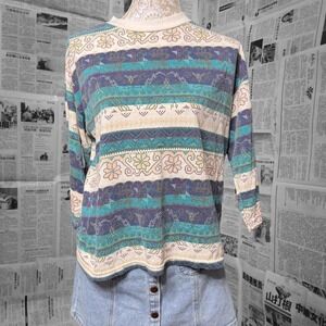 Vintage Penny Lane Boho Floral Stripe Knit Top Women's Medium 90s Retro Rare